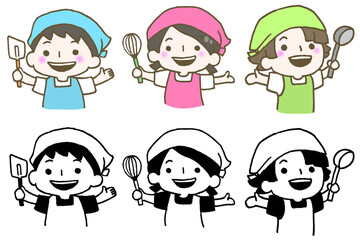 調理器具を持ってエプロンと三角巾を身に着けている子ども