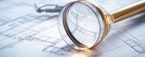 Magnifying glass resting on a detailed architectural blueprint with precise line work visible closely
