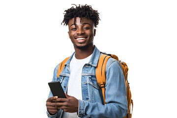 Smiling young African American college student holding smartphone with backpack, placed on white or transparent background