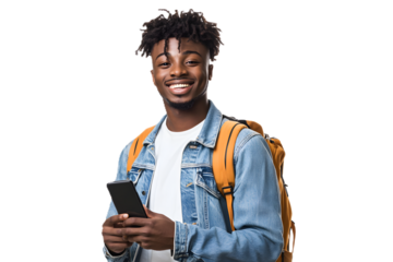 Smiling young African American college student holding smartphone with backpack, placed on white or transparent background