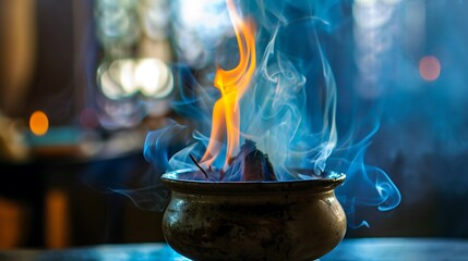 Incense Burner with Orange Flame and Blue Smoke on Dark Background
