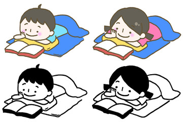 布団に寝そべって本を読む子ども