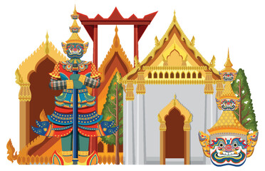 Obraz premium Traditional Thai Architecture and Mythical Guardian Illustration