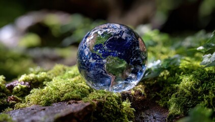 Glass globe resting on vibrant green moss.