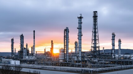 Fototapeta premium Industrial complex with towers and pipes against a cloudy sky at sunset.