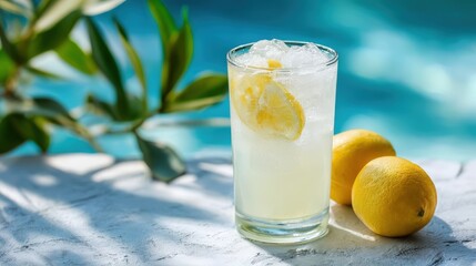 Refreshing lemonade with ice by the poolside.