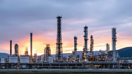 Fototapeta premium Industrial complex with towers and pipes against a colorful sky at dusk.