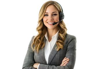 Smiling young female call center agent wearing headset, on white or transparent background