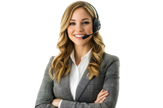 Smiling young female call center agent wearing headset, on white or transparent background