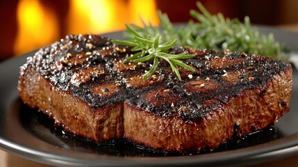 Seared steak with rosemary garnish, delicious and flavorful.