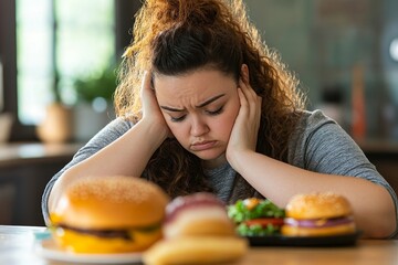 Sad Woman Overweight Unhealthy Food Burgers Diet Weight bun meal mayo patty onion eating stress     
