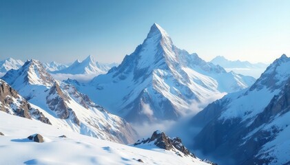 Fototapeta premium Sharp snowy peaks conceal a hidden summit behind a range of imposing ridges , landscape, exploration