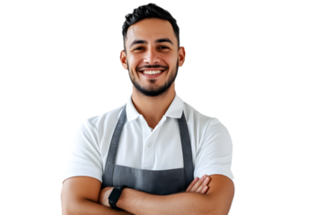 Smiling young man supermarket worker in grocery store, placed on white or transparent background