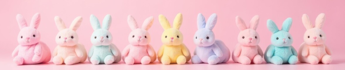 Obraz premium String of pastel bunny plushies, pink background, cute, celebration, charming