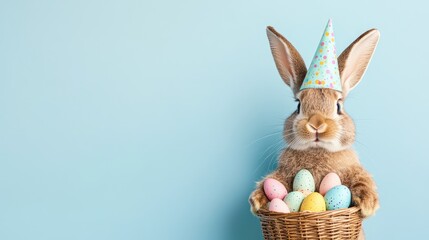 Obraz premium Playful easter bunny holding a basket of colorful eggs.