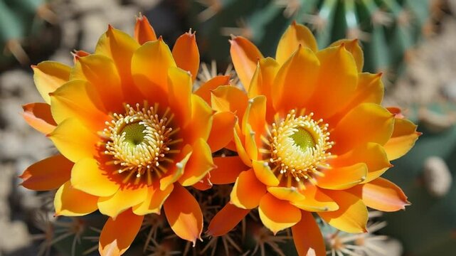 Flowering cactus plants, Orange flower of Opuntia sp. polyacantha in Canyonlands National Park, Utha