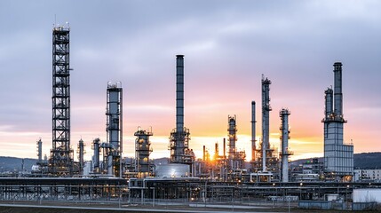 Obraz premium Industrial complex with chimneys and pipes against a sunset or sunrise sky.