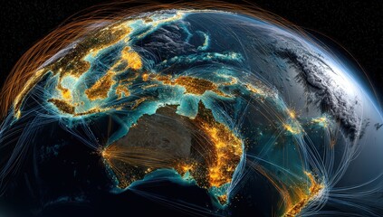 Illuminated Earth with glowing network lines.