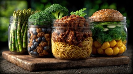 Fresh autumn vegetables like squash and pumpkin are artfully arranged in a glass jar, alongside a vibrant harvest basket of seasonal fruits