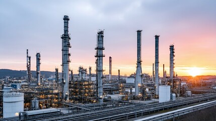 Fototapeta premium Industrial complex with tall chimneys and pipes against a sunset sky.