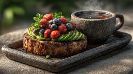 Delicious chocolate berry cakes with cream and fresh strawberries on a white plate, perfect gourmet dessert
