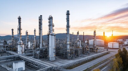 Obraz premium Industrial complex with pipelines and towers against a sunset sky.