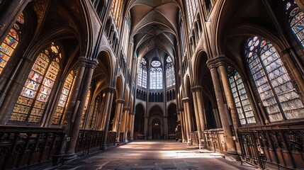 Interior View of an Old Cathedral with Ornate Architecture and Stained Glass Windows