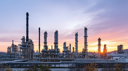Industrial factory complex with chimneys and pipes against a colorful sky at dusk.