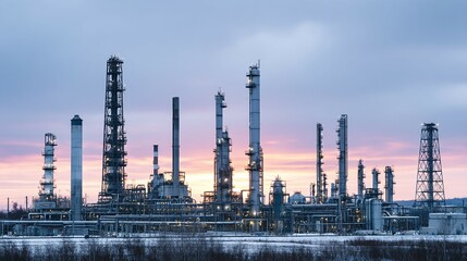 Obraz premium Industrial complex with smokestacks and pipes against a cloudy sky at dusk.