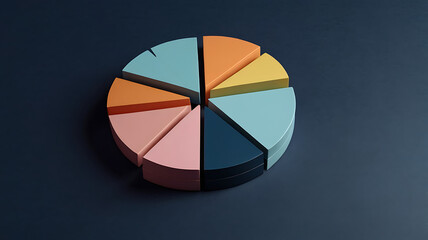 Obraz premium A 3D pie chart with four colorful segments in pastel tones, placed on a dark blue background, minimal isometric design.
