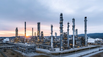 Fototapeta premium Industrial complex with towers and pipes against a cloudy sky at dusk.