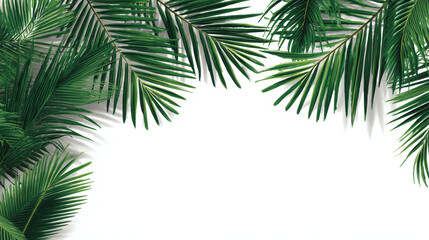 Naklejka premium Lush green palm leaves create vibrant frame against clean white background, evoking tropical and refreshing atmosphere