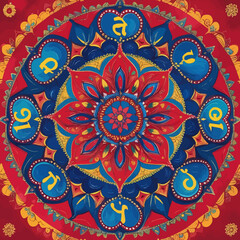 Vibrant Red Blue Mandala Design Circular Pattern Ornamental Art Colorful Ethnic Decorative Spiritual Geometry Sacred Symbolism Intricate Detailed Folk Art Style Traditional Cultural Heritage Artistic 