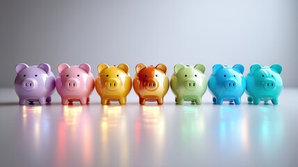 Obraz premium Row of Colorful Piggy Banks with Rainbow Reflections