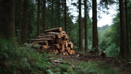 Stack of cut logs in a lush forest landscape.