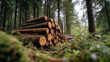 Stack of logs in a lush forest landscape.
