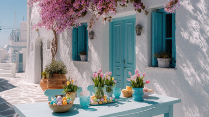 charming outdoor setting featuring turquoise table adorned with colorful tulips and Easter eggs, surrounded by blooming
