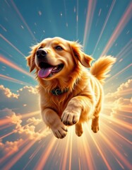 Golden Retriever Dog Soaring Through Bright Sunbeams in a Cloudy Sky