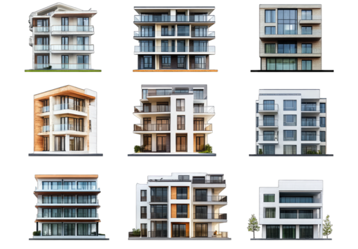 Nine Different Modern Apartment Building Facades With Transparent Backgrounds