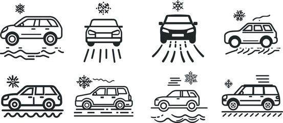 Set of car icons driving in winter weather with snowflakes on a white background