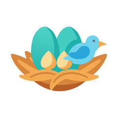 Stylized cartoon bird and eggs in a nest image