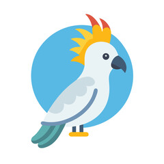 Stylized white cockatoo perched against a blue circle backdrop