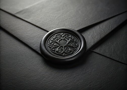 Old black wax seal on a mysterious black envelope with intricate designs