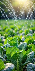 Water droplets falling on a leafy green vegetable crop