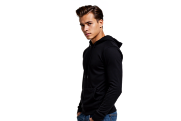 Stylish young man in black hoodie shown in profile view with serious expression on transparent background, urban casual fashion portraying attitude and confidence with modern minimalist aesthetic