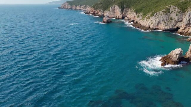 Aerial drone footage of cliff, sea interface at Mersin. Rocky cliff, sea boundary shown in calm blue waters. Explore cliff, sea landscapes from above in Turkey