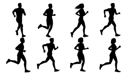 set of running people silhouette vector on tranparent background.