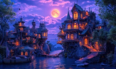 Enchanting fantasy village at night, moonlit harbor, magical homes