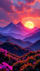 Obraz premium Vibrant Sunset over Purple and Pink Mountains with Full Moon