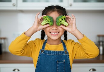 A cheerful girl playfully holds broccoli in front of her eyes while smiling in the kitchen.